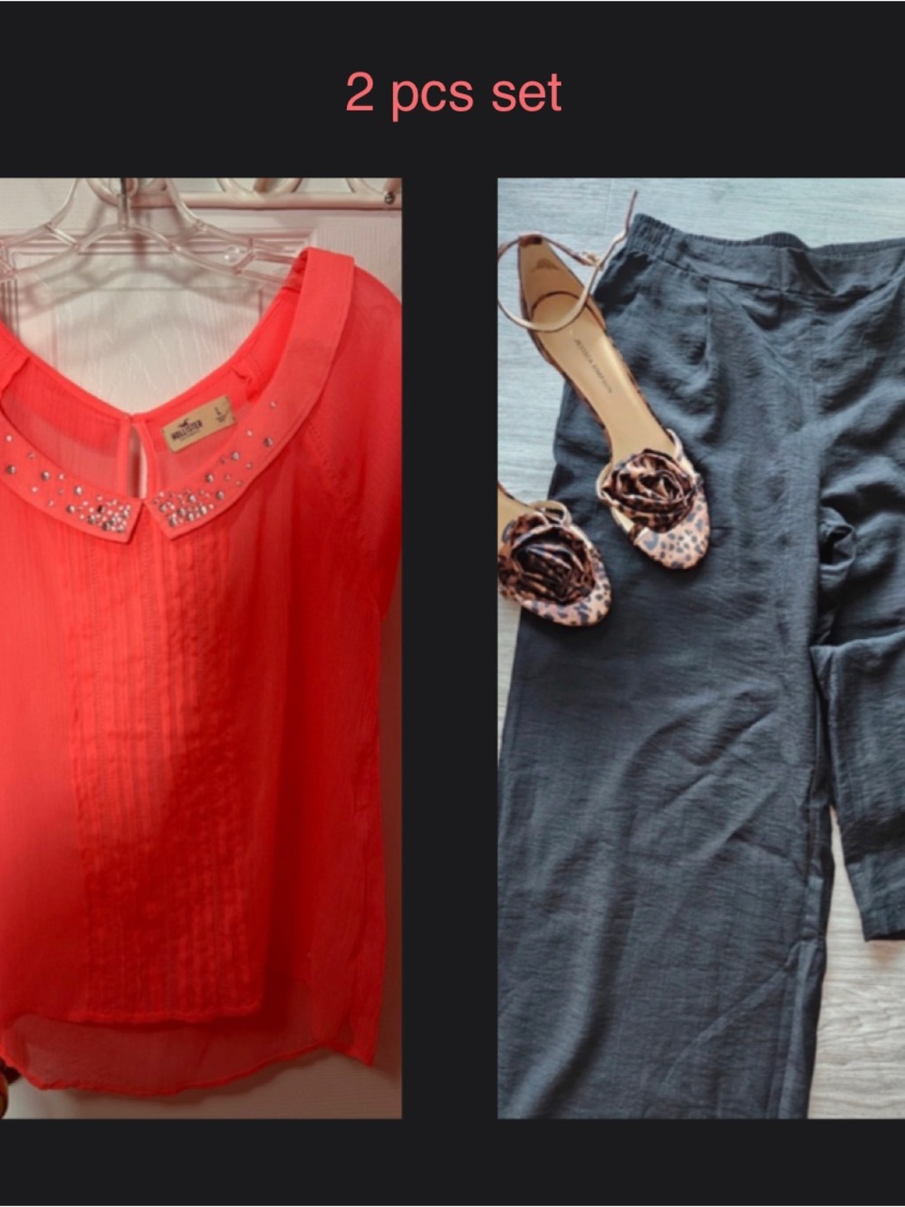 Women’s Coral Pink Blouse & Charcoal Pants 2-Piece Set